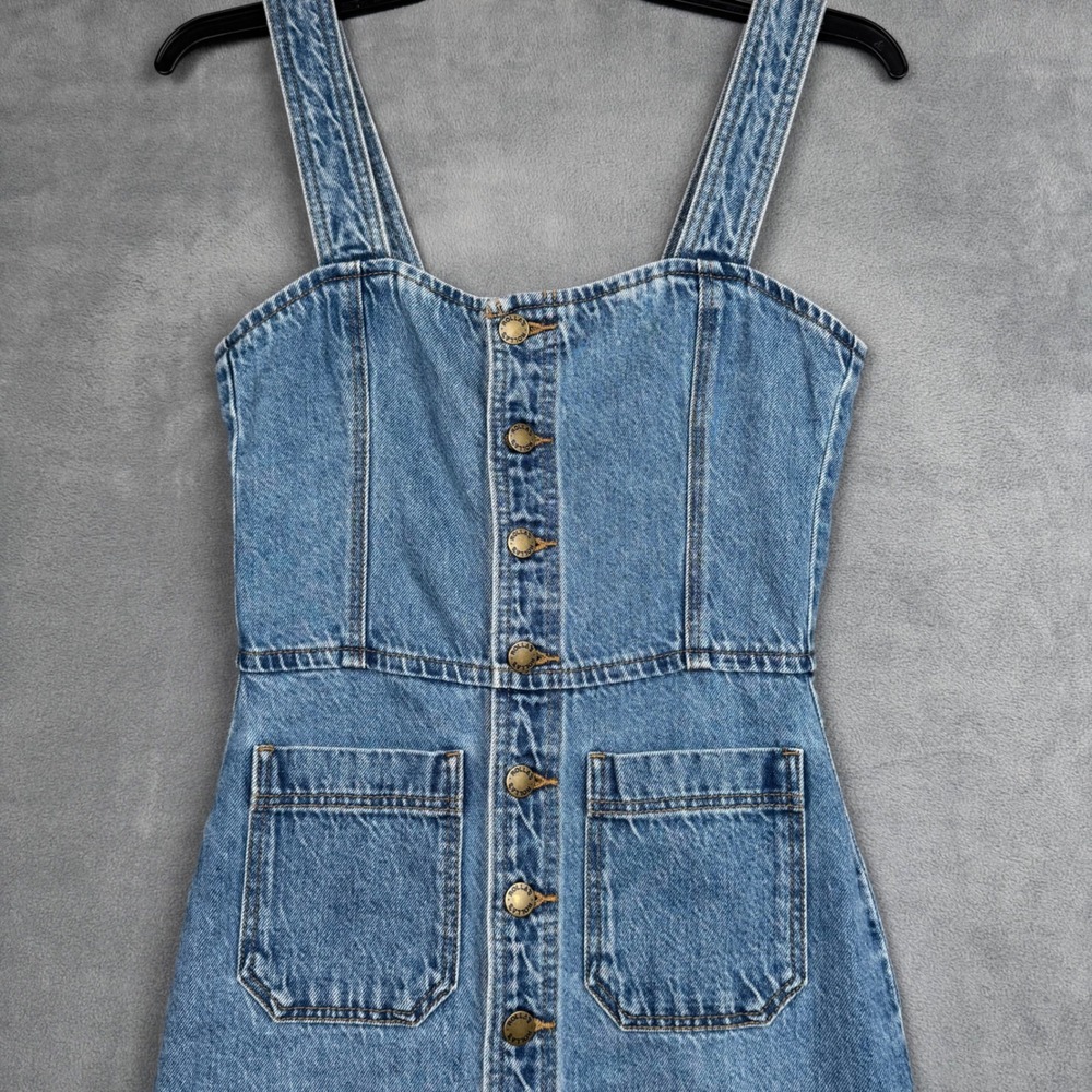 Rollas Denim Midi Dress Blue Button Front Front Pockets Size 6 XS Cotton Lyocell - Picture 3 of 12
